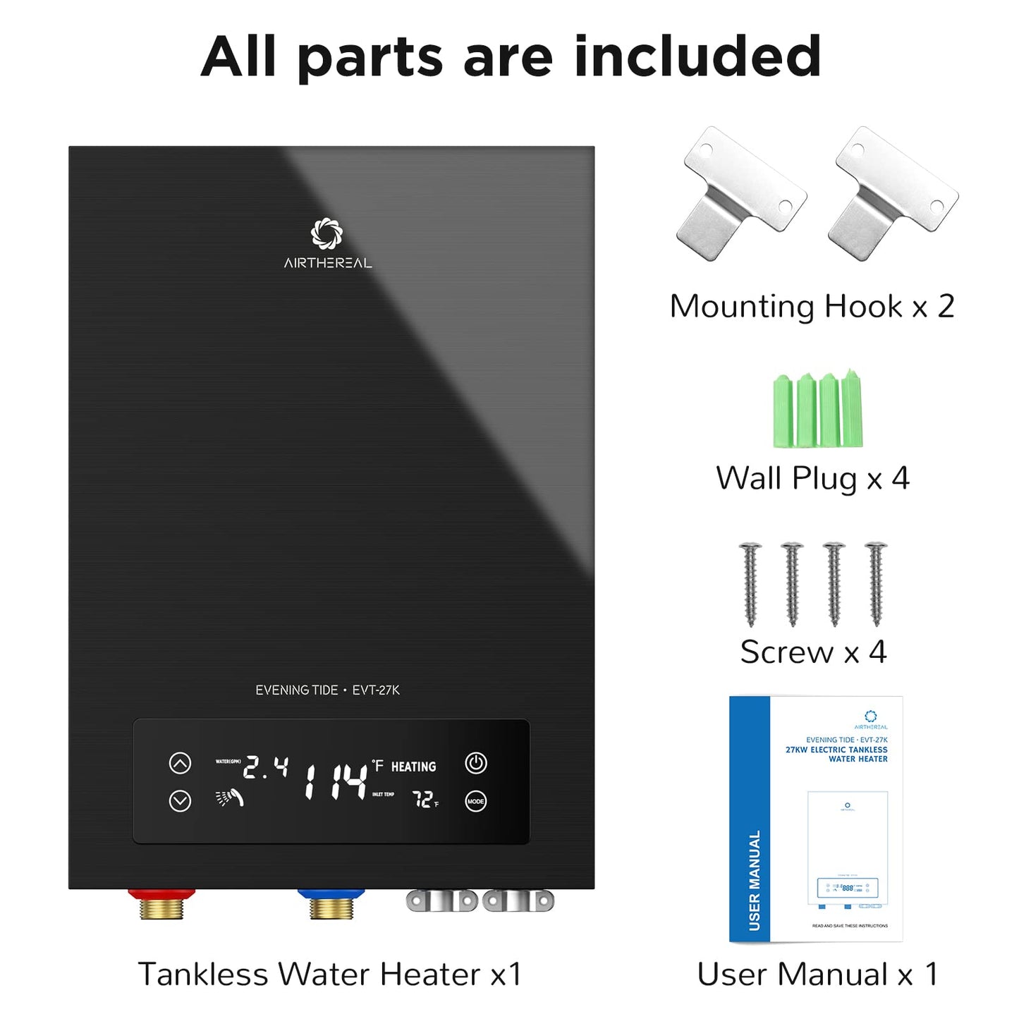 AIRTHEREAL Electric TANKLESS Water Heater 27KW, Endless ON-Demand HOT Water - SELF MODULATES to Save Energy USE - for 3 Showers EVT-27K