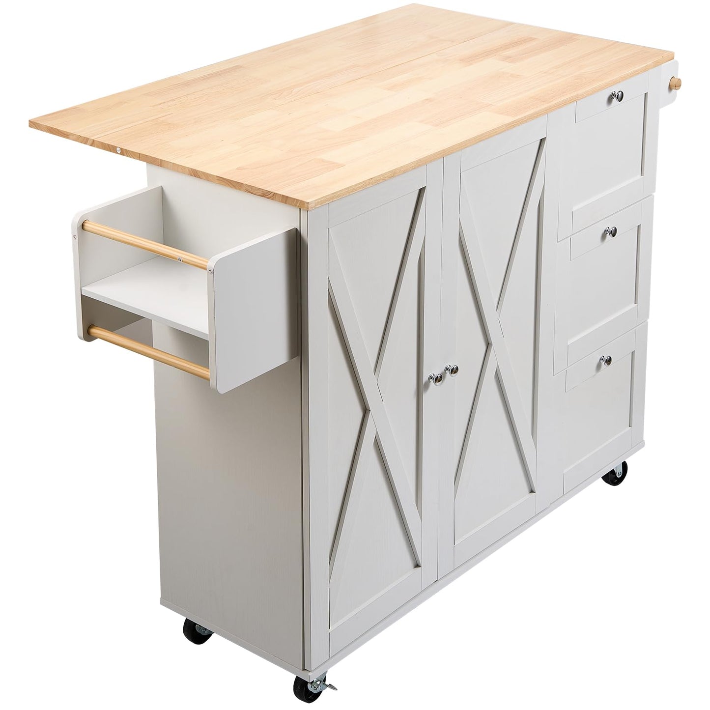 VEVOR Kitchen Island Cart, 45.3x39 inch Rolling Kitchen Table, Mobile Carts with Storage Cabinet and Solid Wood Top, Portable Islands with Wheels, Spice Rack, Towel Rack, Drop Leaf and Drawer, White