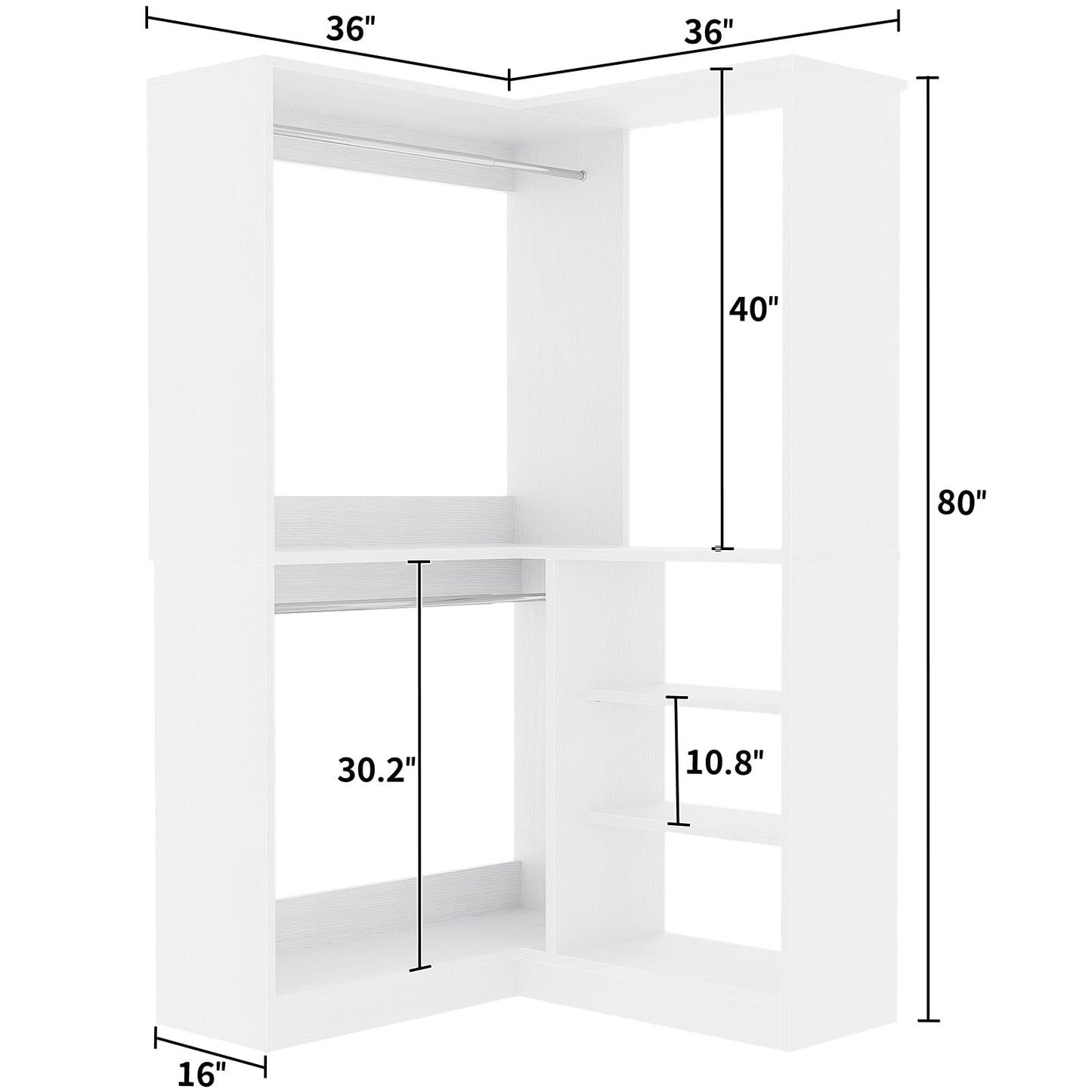 Unikito Corner Closet System, 36 Inch Large Freestanding Closet Organizer System with 2 Hanging Rods and Storage Shelves, Sturdy Walk in Closet Tower, 36" W x 36" D x 80" H, White