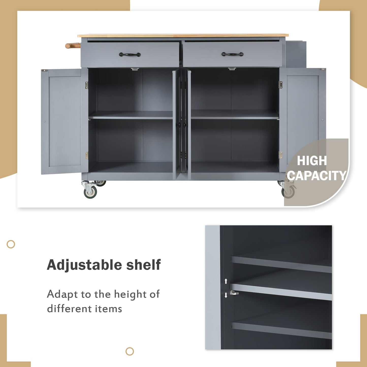 Favfurish Kitchen Island with Solid Wood Top and Locking Wheels,54.3 Inch Width Kitchen Cart W/ 4 Door Cabinet / 2 Drawers/Spice Rack/Towel Rack,for Dining Room,Home Bar,Gray