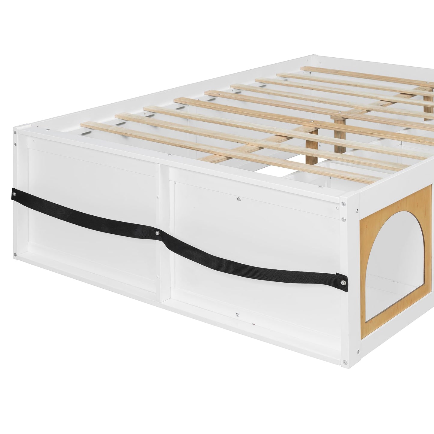 Merax Full Size Wooden Platform Bed with Bookshelf, Display Cabinet and Storage Drawer, White+Natural Multi-Functional Storage Bed for Bedroom, Guestroom