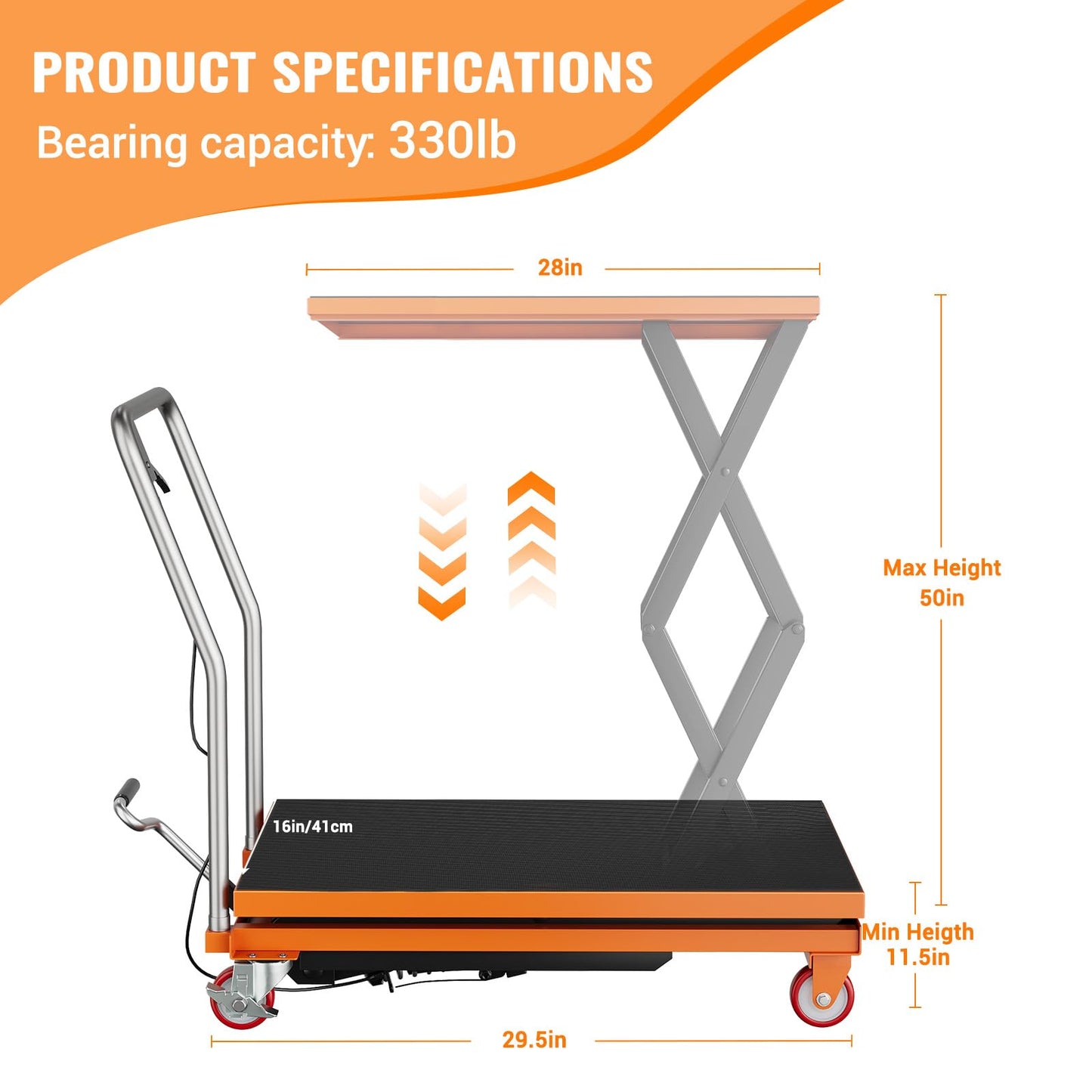 Double Scissor Lift Table, 330lbs Capacity 59" Lifting Height, Hydraulic Lift Table Cart with Locking Wheels and Non-Slip Pad, Hydraulic Scissor Cart for Material Handling and Transportation