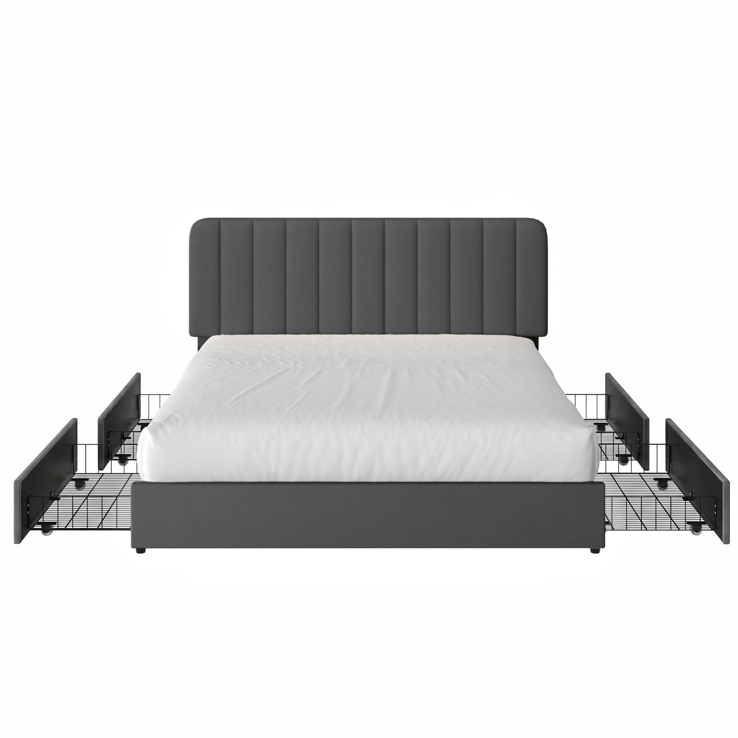 VECELO Queen Size Upholstered Bed Frame with 4 Drawers and Headboard, Velvet Platform Storage Bedframe, Wooden Slats Support, No Box Spring Needed,Dark Grey