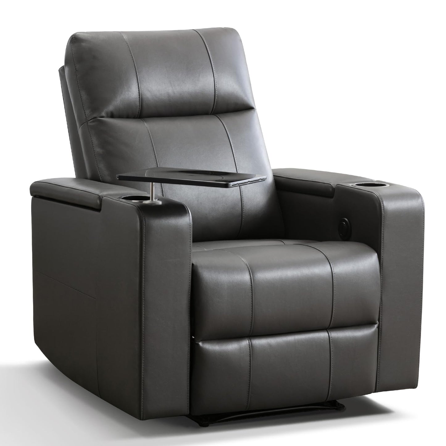 ANJ Home Theater Seating Power Recliner with Hidden Arm Storage, Single Faux Leather Recliners with Tray Table, Electric Movie Reclining Chairs with USB Ports & Cup Holders for Media Room, Grey