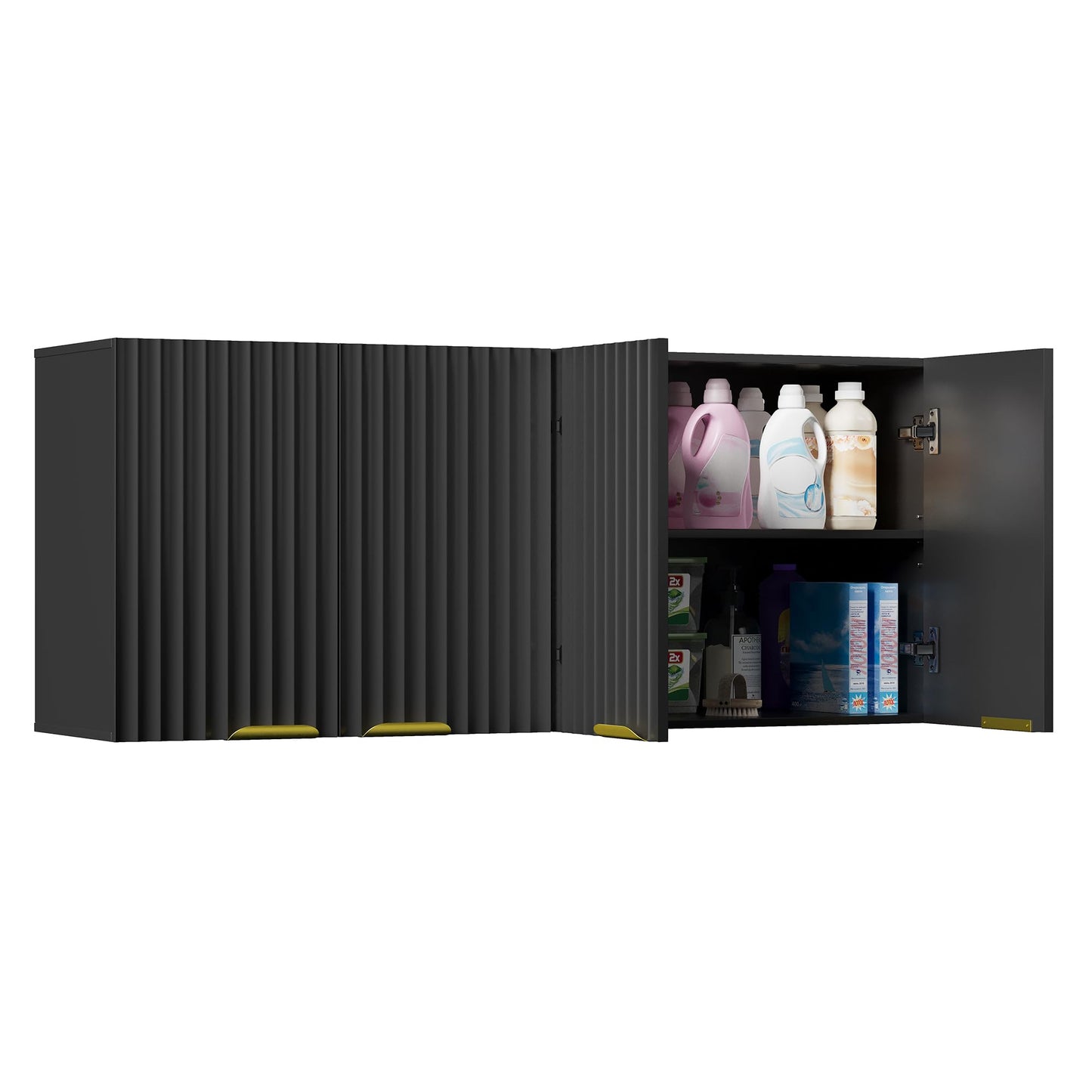 ChooChoo 4 Doors Wall Cabinet Laundry Room, Bathroom Wall Cabinet with Adjustable Shelf, Fluted Wall-Mounted Medicine Cabinet, Storage Cabinet for Kitchen, Garage, Black