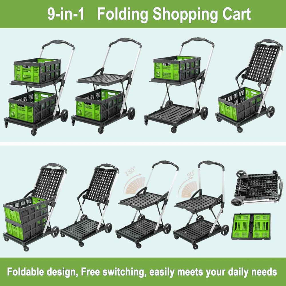 Collapsible Shopping Cart with Wheels,2 Tier Multi Use Foldable Shopping Cart with 2 Storage Crates,Folding Shopping Trolley Utility Cart for Office,Groceries, Warehouse,Supermarket,Picnic (Green)