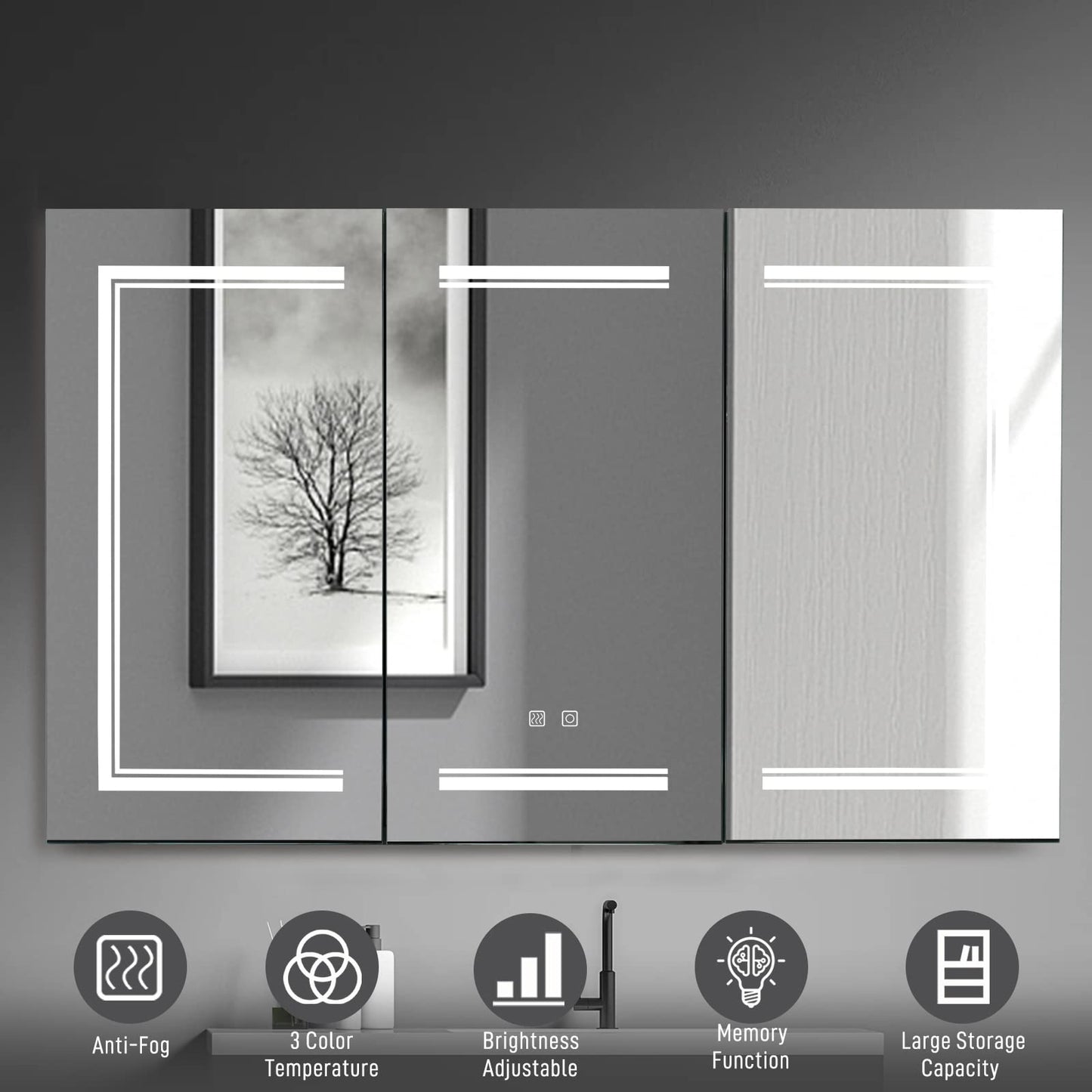 Karl home Black LED Mirror Medicine Cabinet, 48x28 Inch 3 Door Bath Cabinet