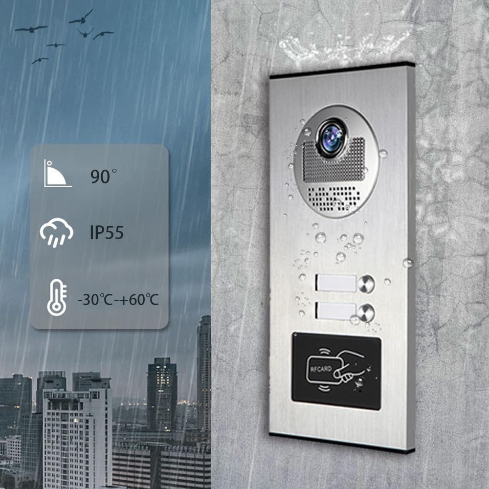 Video Intercom System for Apartment,4.3 inch Monitor Wired Video Door Kit,Indoor Outdoor Video Intercom System, Doorphone Telephone Style, ID Card Unlocking (1 Doorbell + 2 Monitor)