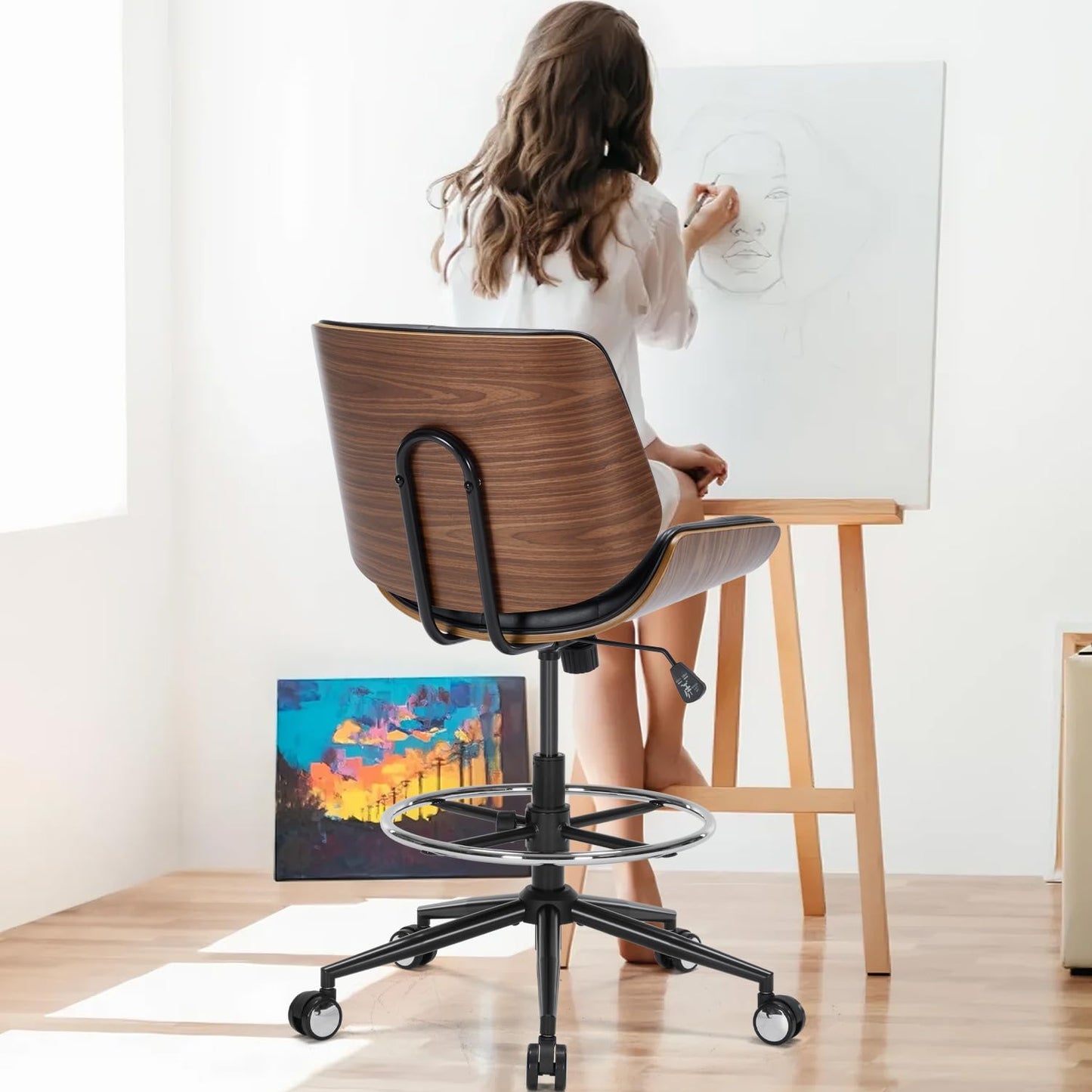 Drafting Office Chair Ergonomic Executive Computer Standing Desk Chair with Adjustable Height and Footrest Ring, Drafting Chair for Counter Height Desk and Drawing (Black)