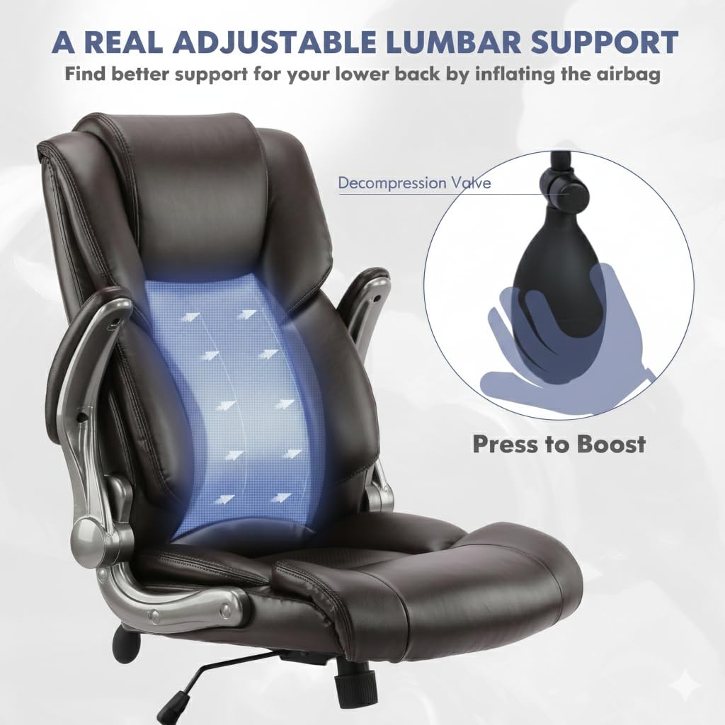 Ergonomic High Back Executive Office Chair with Adjustable Airbag Lumbar Support, Bonded Leather Desk Chair with Flip-up Armrests, Swivel Computer Task Chair for Home Office Workstation, Brown