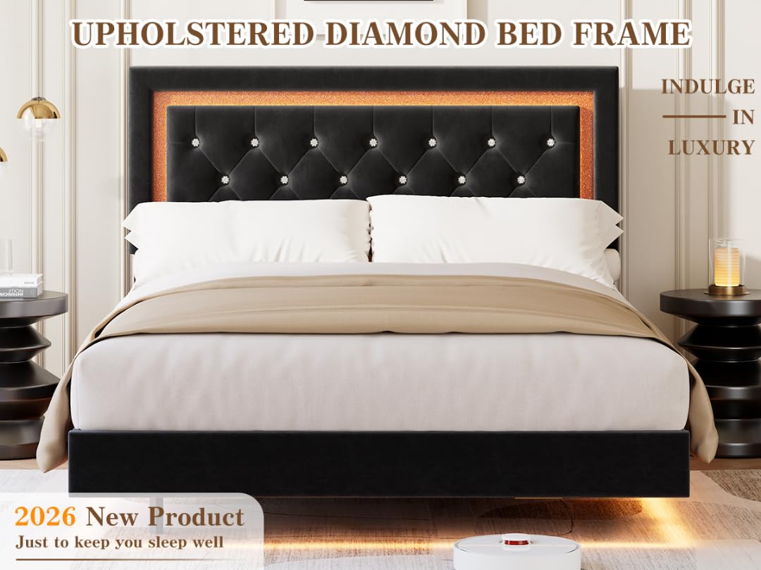 Garvee Floating Bed Frame Queen Size with Smart Led Lights, Upholstered Platform Bed with Diamond Headboard, Solid Wood Slats Support, No Box Spring Needed, Noise-Free, Easy Assembly, Black