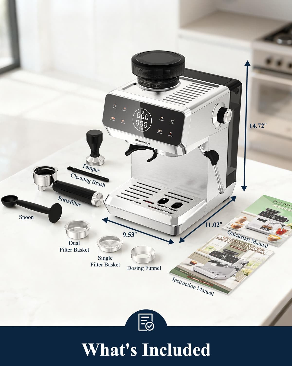 Hausmojo CM1620 Espresso Machine with Built-in Burr Grinder, 20 Bar Bean-to-Cup Espresso Maker with 44 Grind Settings & Steam Wand, Touchscreen Coffee Machine for Latte, Cappuccino