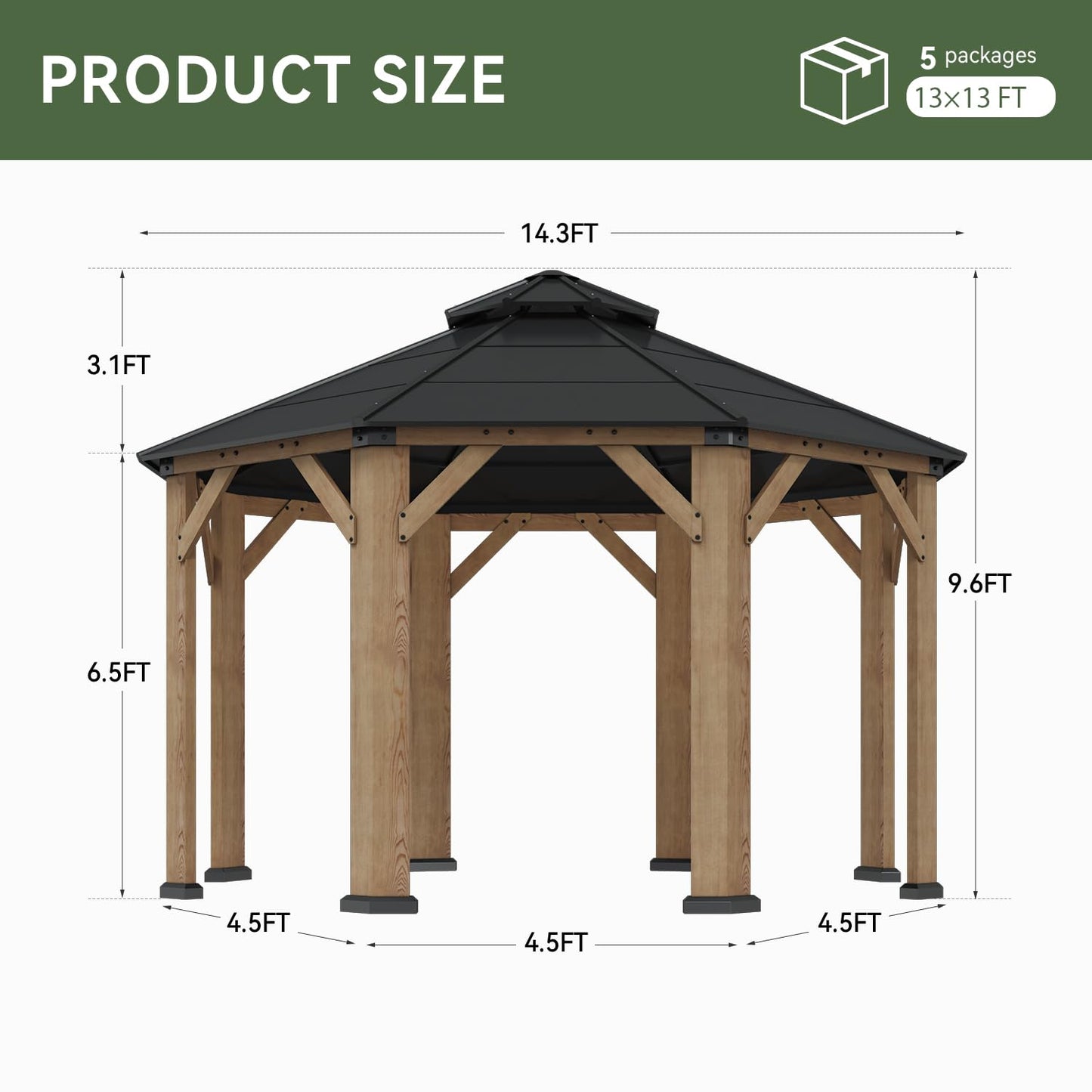 Aoxun 13' x 13' Outdoor Wood Gazebo, Hardtop Gazebo Permanent Wooden Pavilion with Galvanized Steel Double Roof, for Packyard, Garden, Deck, Cedar Wood