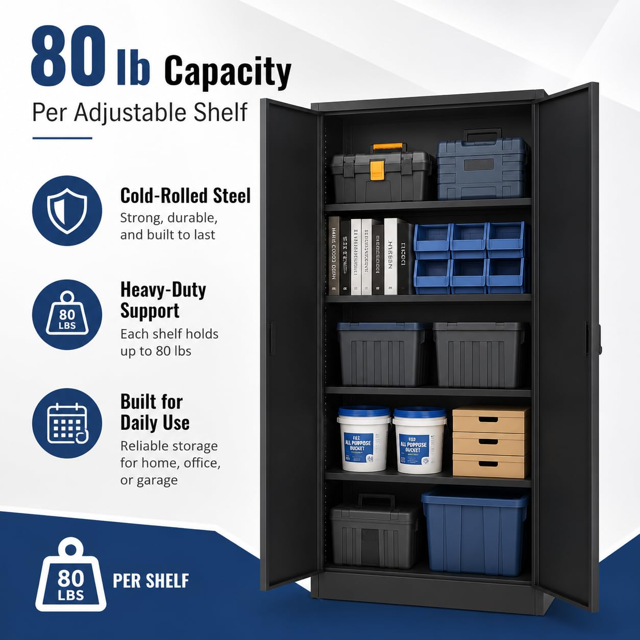 PeakPursuit 71 Inch Metal Storage Cabinet, Locking Steel Cabinet with 4 Adjustable Shelves & Leveling Feet, Heavy Duty Garage Storage Cabinet for Pantry, Office, Home, Laundry Room, Black