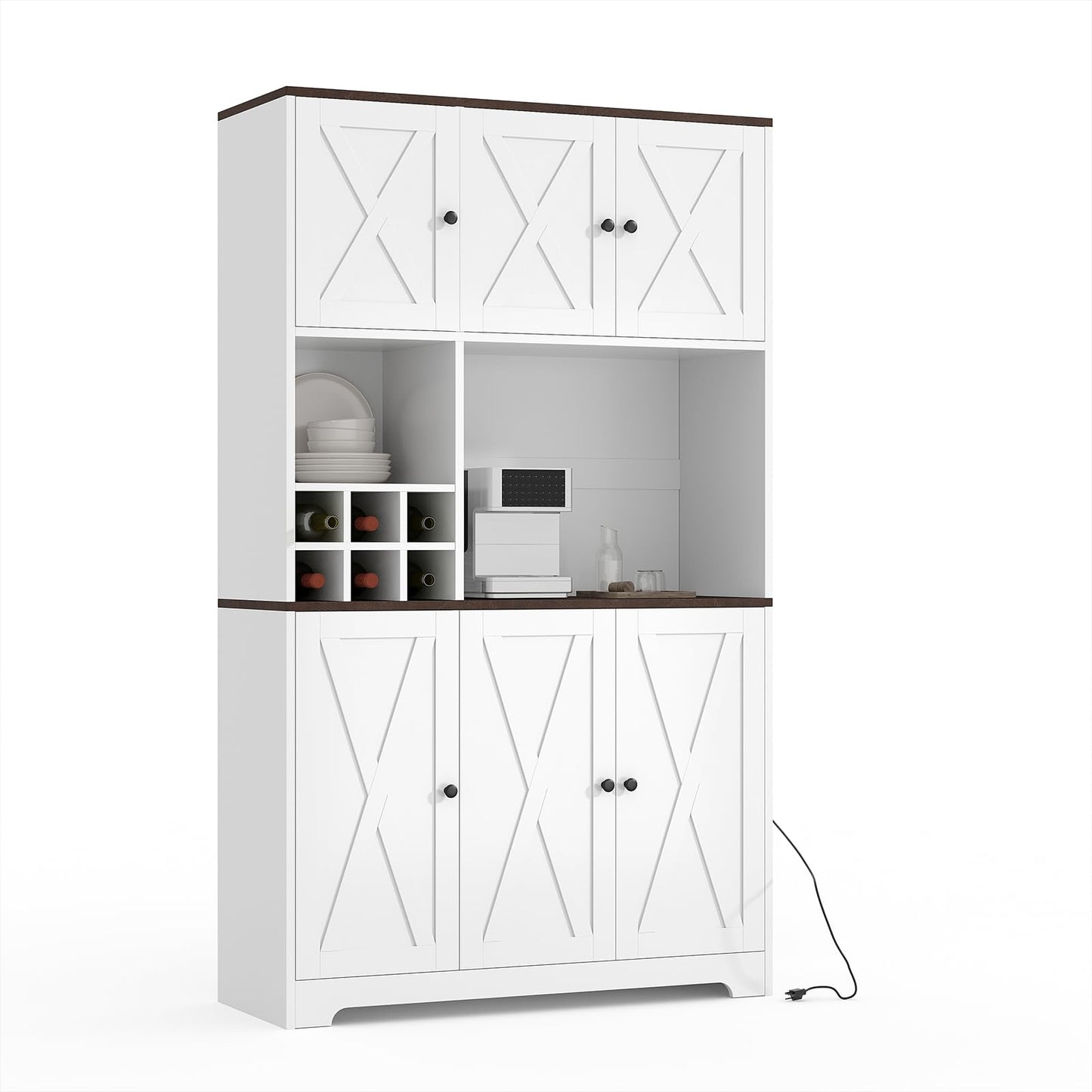 GarveeHome 71 Inch Tall White Kitchen Pantry Cabinet, Modern Farmhouse Kitchen Hutch Storage Cabinet with Wine Rack, Freestanding Coffee Bar Station with Storage for Dining Room, Living Room