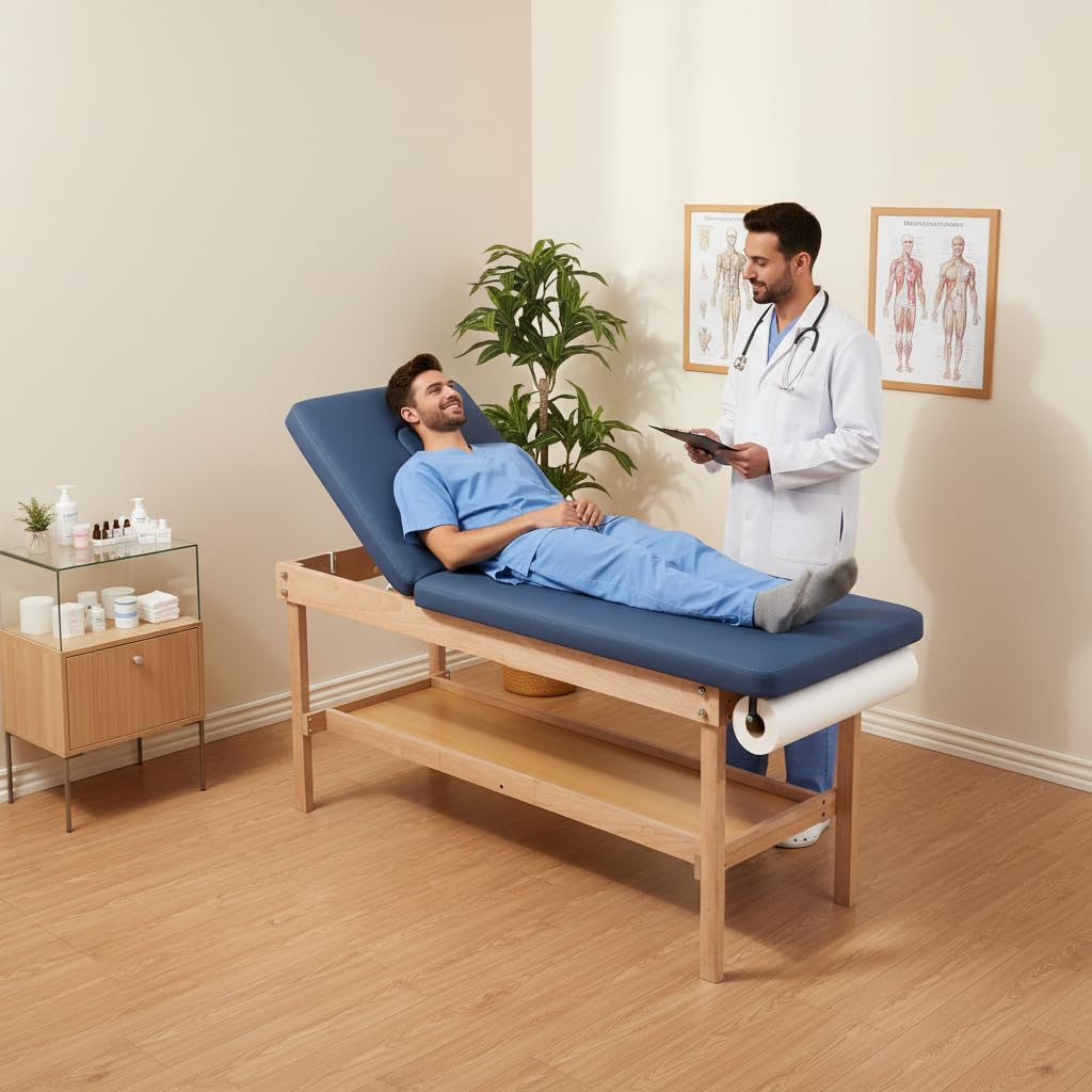 Carenovo 27.5" Width Comfortable Medical Exam Table & Bed with Wooden Storage Base and Paper Holder for Treatment Clincal (Blue)