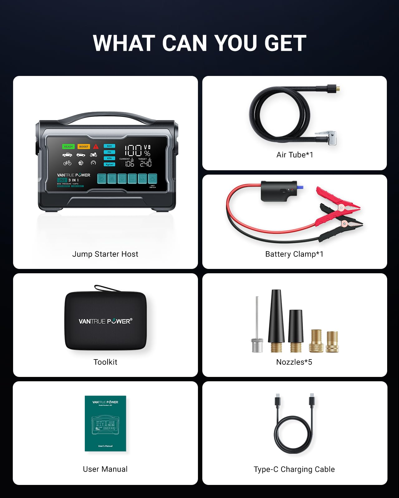 VANTRUE POWER JS2 2500A Jump Starter with 160PSI Air Compressor, 12V Car Battery Booster with Display, Support 65W Charging Power Bank, Nozzles Storage Compartment- for 8L Gas/7L Diesel Engines