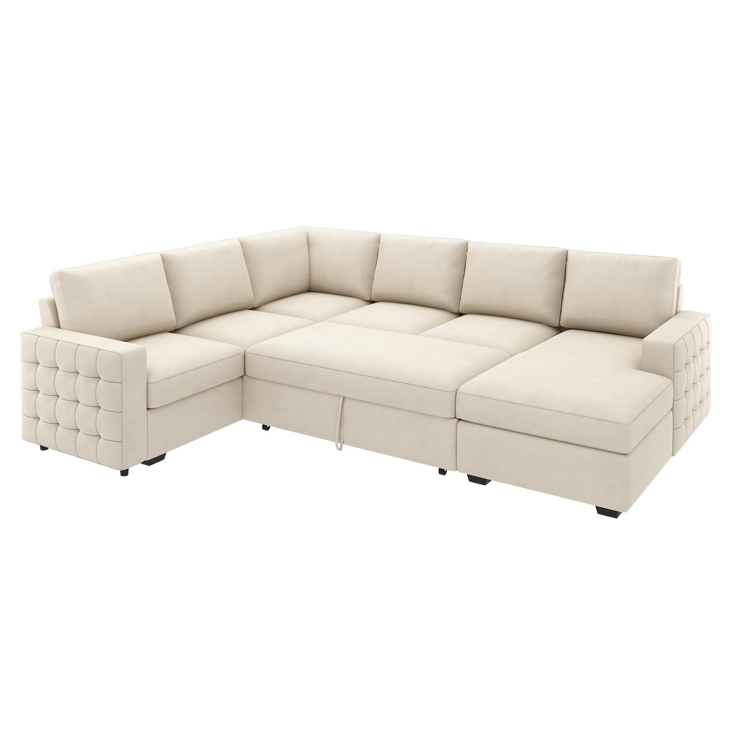 HONBAY Sectional Sleeper Sofa with Pull-Out Bed Storage Chaise, 6 Seaters Couch for Living Room, Beige