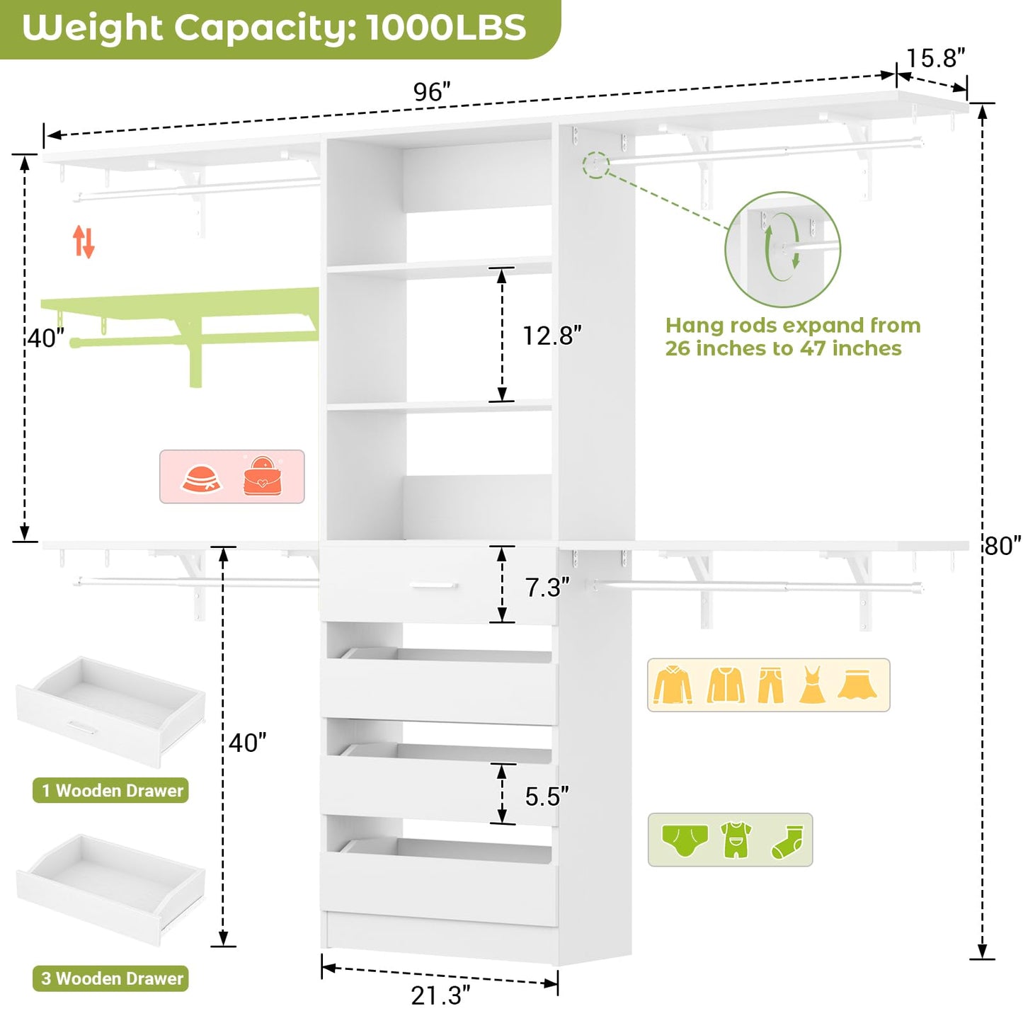 Aheaplus Closet System with 4 Drawers, 8FT Wood Closet Organizer System, 96’’ Closets Built In System Tower with Shelves, Walk-in Closets Wardrobe Clothes Garment Rack, Fits Spaces 4-9 ft, White