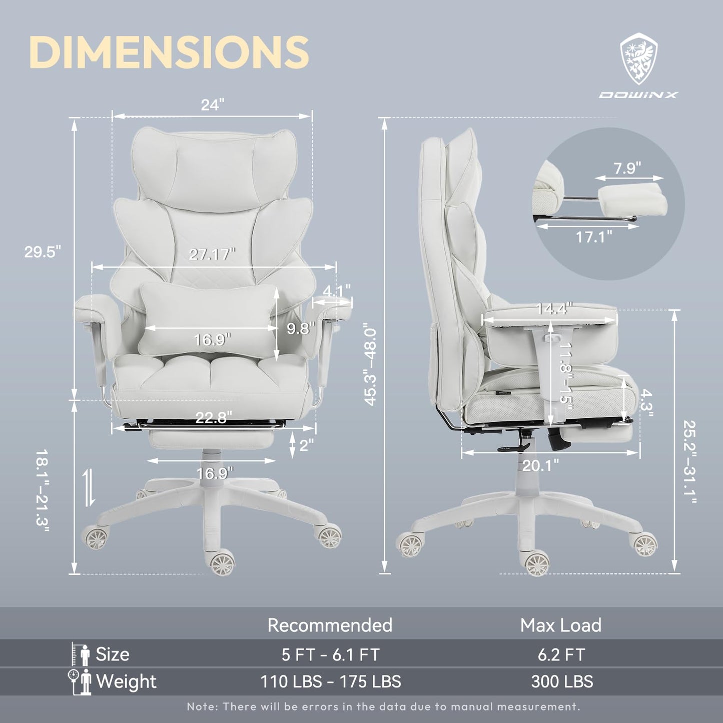 Dowinx Big and Tall Office Chair with Pocket Spring Cushion,High Back Computer Gaming Chairs with Adjustable Armrests and Lumbar Support,Executive Desk Chairs with Footrest(PU,White)
