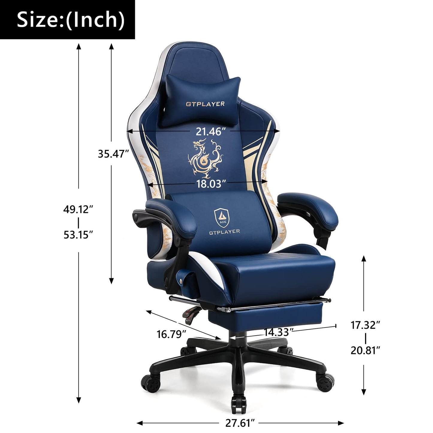 GTPLAYER Gaming Chair with Bluetooth Speakers and Footrest, Dragon Series Video Game Chair ,Heavy Duty, Ergonomic, Esports Computer Office Chair Blue (Royal Blue)