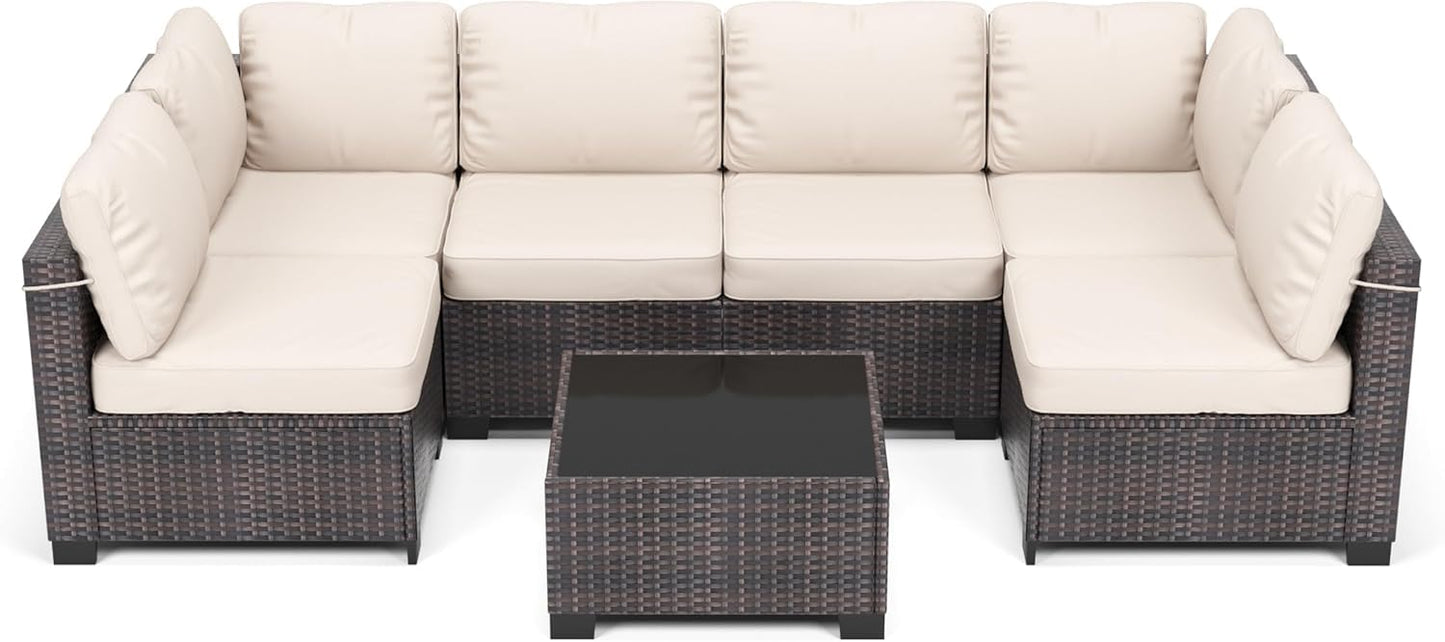 7 Piece Outdoor Patio Furniture Set, PE Rattan Conversation Sofa Set, Wicker Patio Set w/Thick Cushions & Glass Top Coffee Table, All-Weather Outside Furniture for Garden, Balcony,Porch(Brown+Beige)