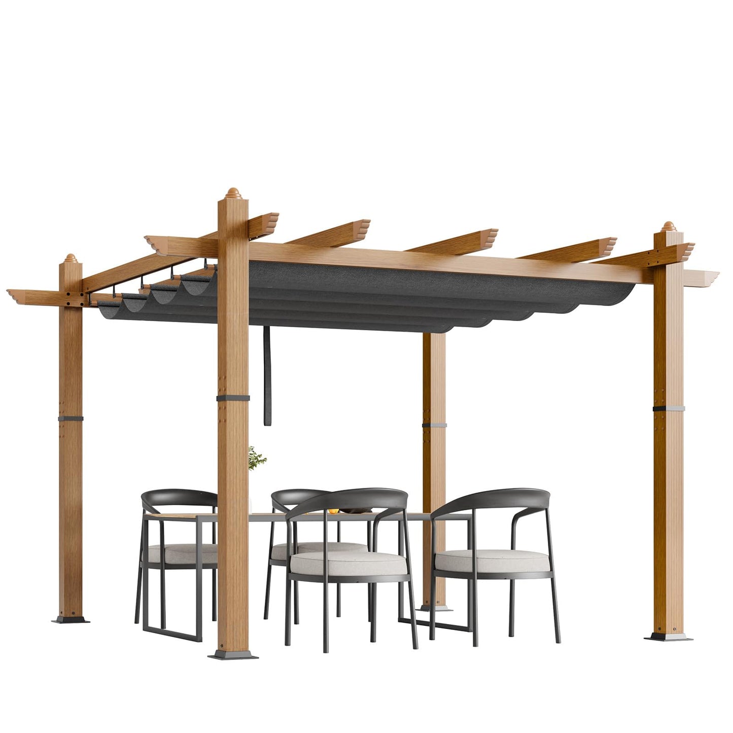 10x10 Ft Outdoor Retractable Pergola with Adjustable Roof Modern Metal Patio Gazebo, Upgraded Faux Wood Grain Aluminum Pergola for Deck, Backyard Gardens, Porches, Grapevines, Grey