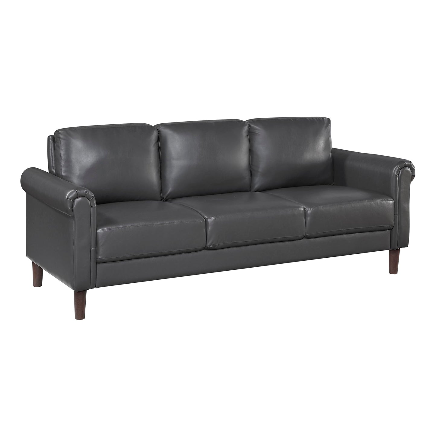 Lexicon 79" W Sofa Couch, Faux Leather Upholstered 3-Seater with Rolled Arms & Wood-Look Feet, Pocket Coil Support, Traditional Living Room, Office or Waiting Room Seating - Dark Gray