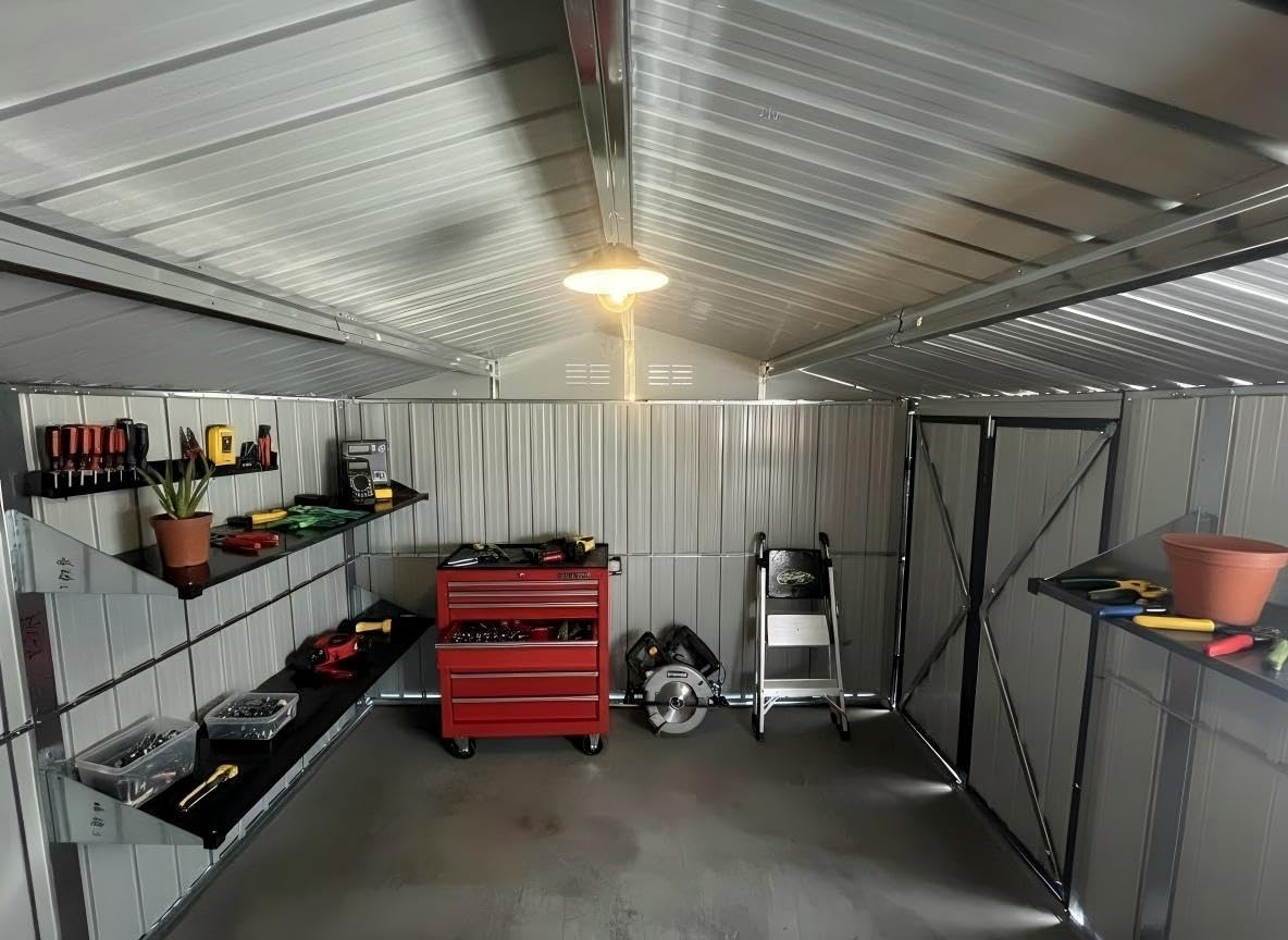 YOPTO 12x10 FT Outdoor Storage Shed,Metal Shed W/Goods Shelves & Window,Garden Tool House W/ 2 Vents & Lamp Hanging Hole & Apex Roof and Lockable Doors,for Backyard Patio Lawn,White+Black