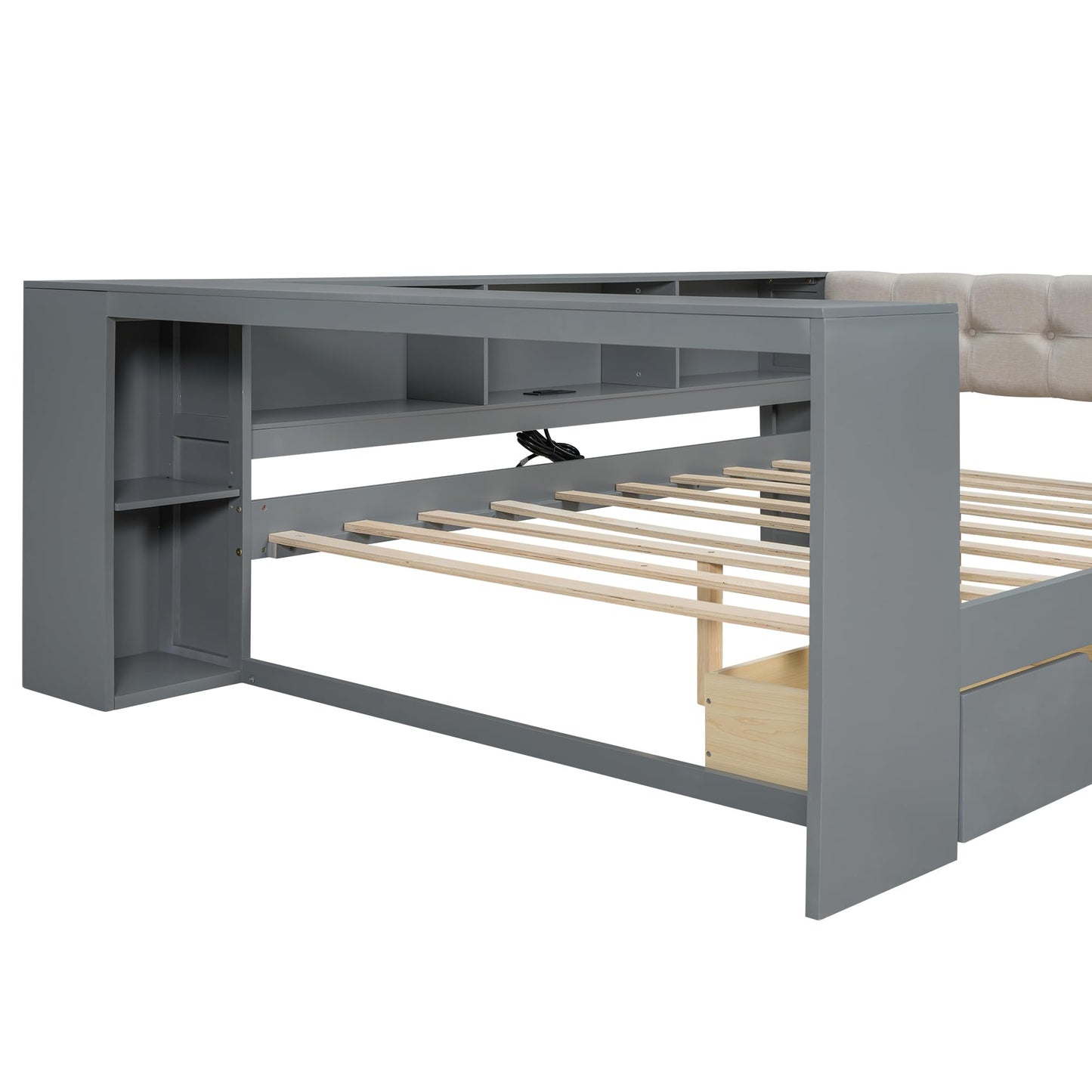 Ball & Cast Full Size Wood Daybed with Storage Shelves and Built-in Desk,Platform Bed w/Under-Bed Drawers & Charging Station,Upholstered Headboard,No Box Spring Needed,for Student Dorms,Gray