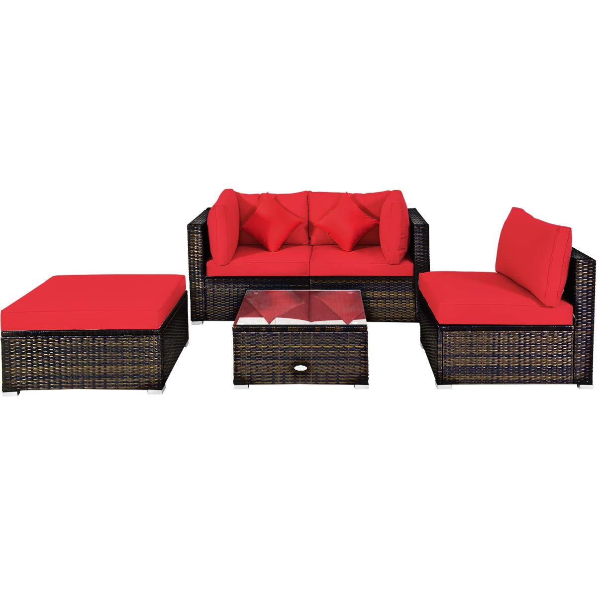 Tangkula 5 Pieces Patio Rattan Furniture Set, Outdoor Sectional Rattan Sofa Set with Back & Seat Cushions, Wicker Conversation Set with Tempered Glass Table for Backyard Porch Poolside (Red)