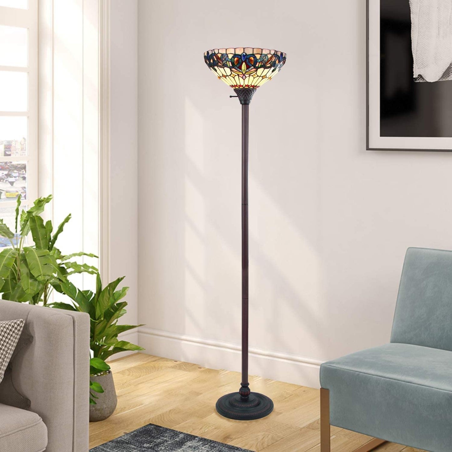 Chloe Lighting Torchiere Lamp, Victorian Tiffany-Style, 14in Wide, Dark Bronze, Multicolor, Model CH3T353BV14-TF1