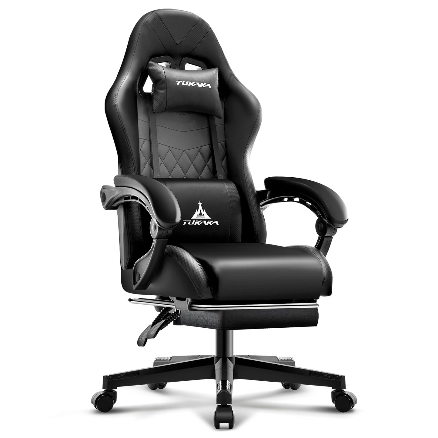 TUKAKA Gaming Chair,Ergonomic Massage Computer Office Desk Chair with Footrest,Pocket Spring Cushion,Reclining Leather Adjustable Gamer Chair with Headrest and Lumbar Support,Black