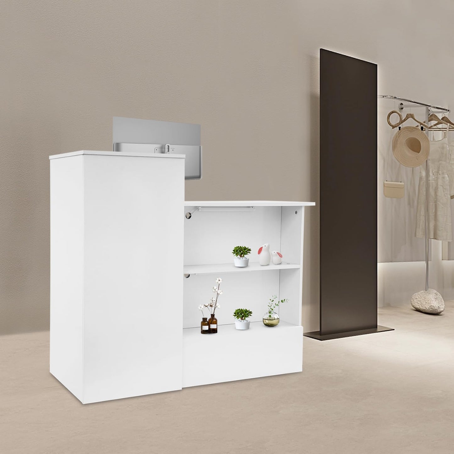 DDBESSIC Reception Desk Counter with Lockable Drawer and Open Shelves, Office Front Desk with Lights, 47 X 20in Reception Counter for Offices, Stores, Restaurants, Beauty Salons (White)