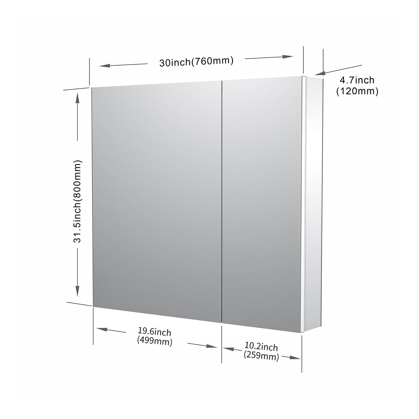 Sunrosa Medicine Cabinet with Mirror, 30" W x 31.5" H, 2 Asymmetrical Doors, Wall-Mounted & Recessed Bathroom Medicine Cabinet with Tempered Glass Mirror