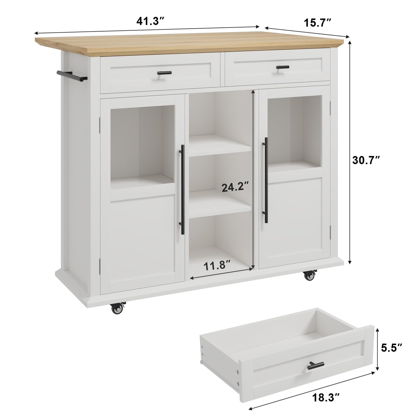 GarveeHome 41 in Rustic Kitchen Island on Wheels - Wood Drop-Leaf Table with 3-Tier Storage, Mobile Coffee Bar Cart for Small Spaces (White & Natural)