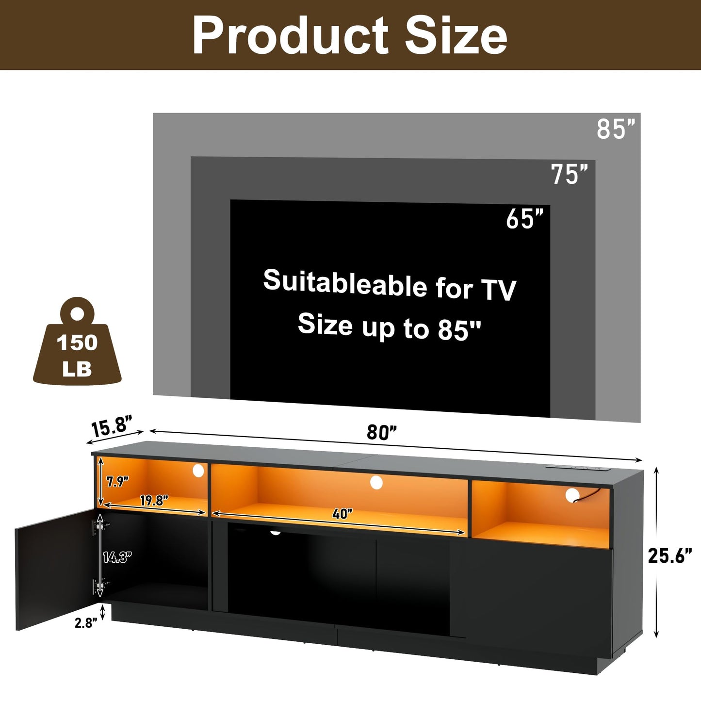 80" TV Stand for TVs up to 85", Multifunctional Entertainment Center with Large Storage & RGB LED Lights, TV Cabinet with Power Outlet, Modern TV Console for Living Room, Bedroom, and Rec Room, Black