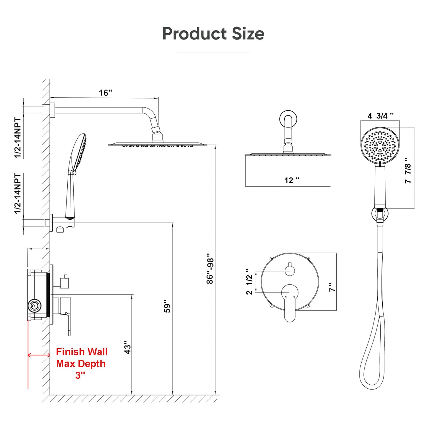 Gabrylly Black Shower System, Pressure Balance Shower Faucet Set, 12" Stainless Steel Rain Shower head with 5-Mode Handheld Shower Spray Combo,High Pressure Rainfall Shower Head Set, Matte Black