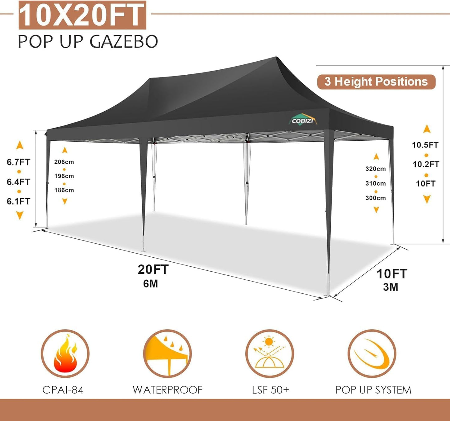 COBIZI 10x20 Pop Up Canopy with 6 Sidewalls,10x20 Canopy Tent Frame Upgraded with 3 Adjustable Heights,Waterproof UV50+ Outdoor Party Commercial Ez Up Gazebos with Carry Bag(10 x 20 ft Black)