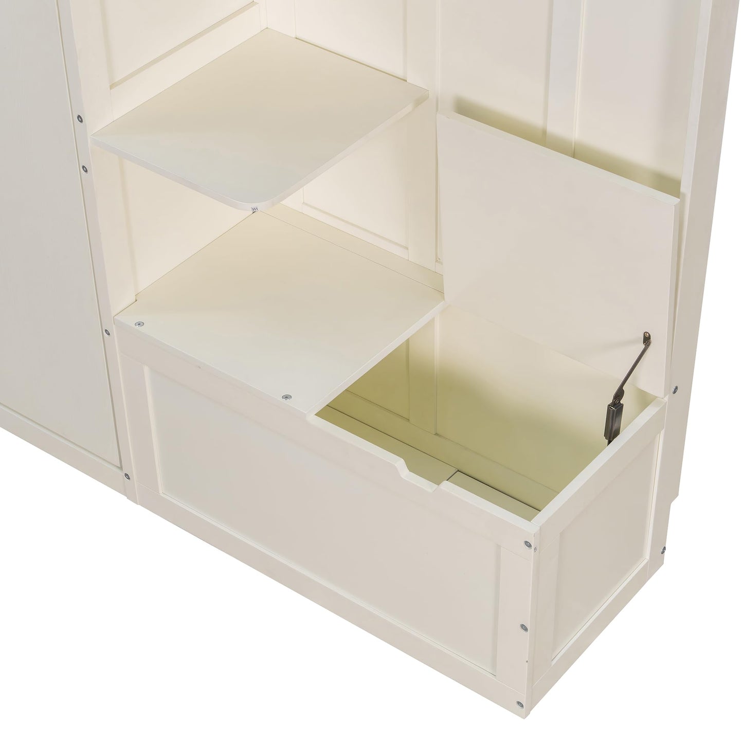Merax Queen Size Murphy Bed with Storage and Lights, Hidden Fold-Out Legs, Foldable Murphy Cabinet Bed with Hook, Built-in Shelves & Cabinets, Wood Space-Saving Wall Bed for Guest Room Office, White