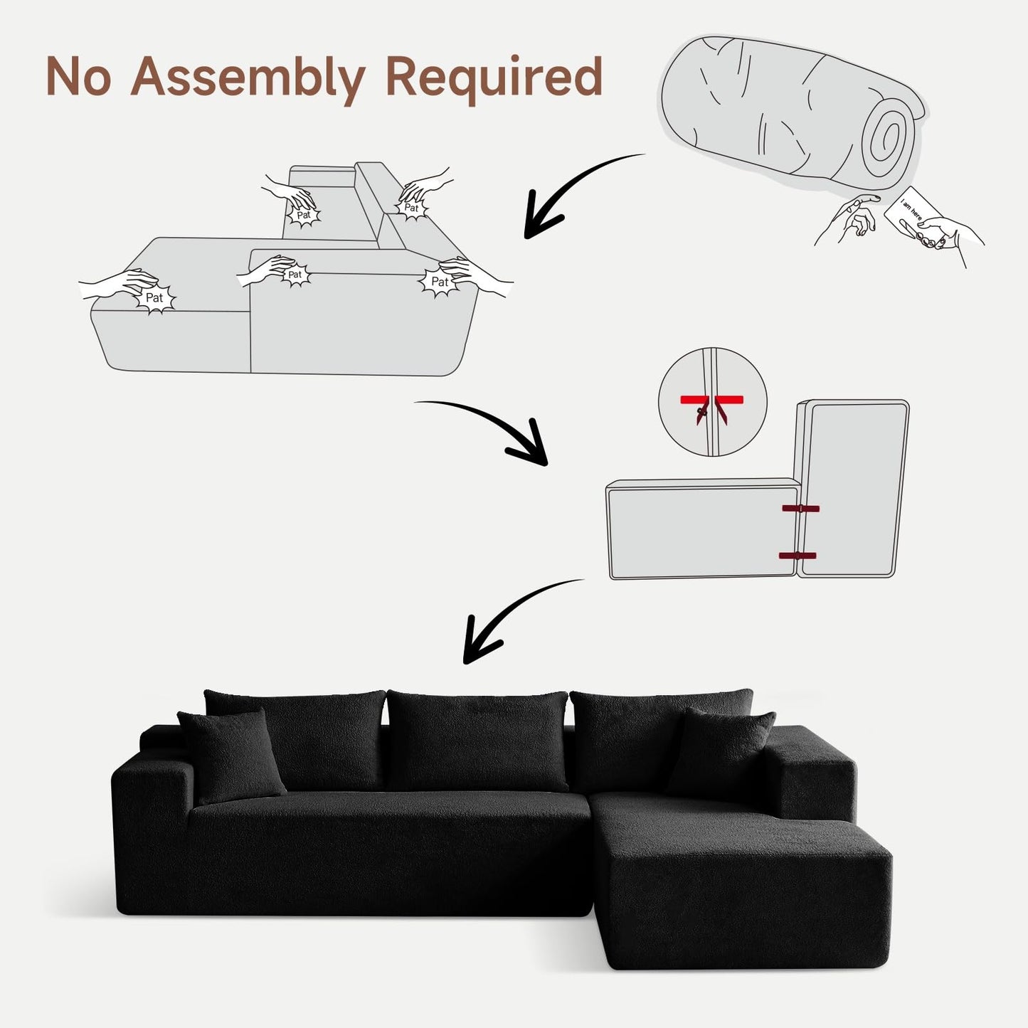 Trygoal 103” L Shaped Cloud Sectional Boneless Couches for Living Room, Modern Modular Sofa Couch with Chaise, Comfy Deep Seat Living Room Furniture Set, No Assembly, Black