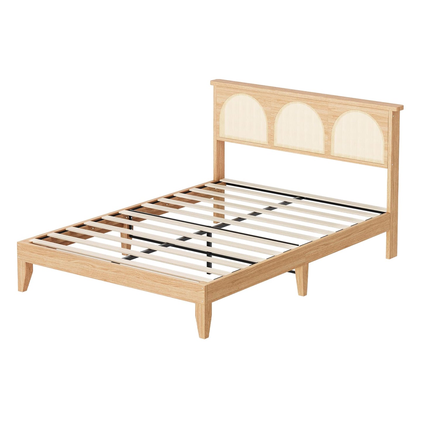 GarveeLife Rattan Bed Frame with Headboard, Wooden Platform Bed Frame Queen Size with Smart RGB LED Storage Headboard, Boho Wood Bed Frame No Box Spring Needed, Under Bed Storage, Easy Assembly