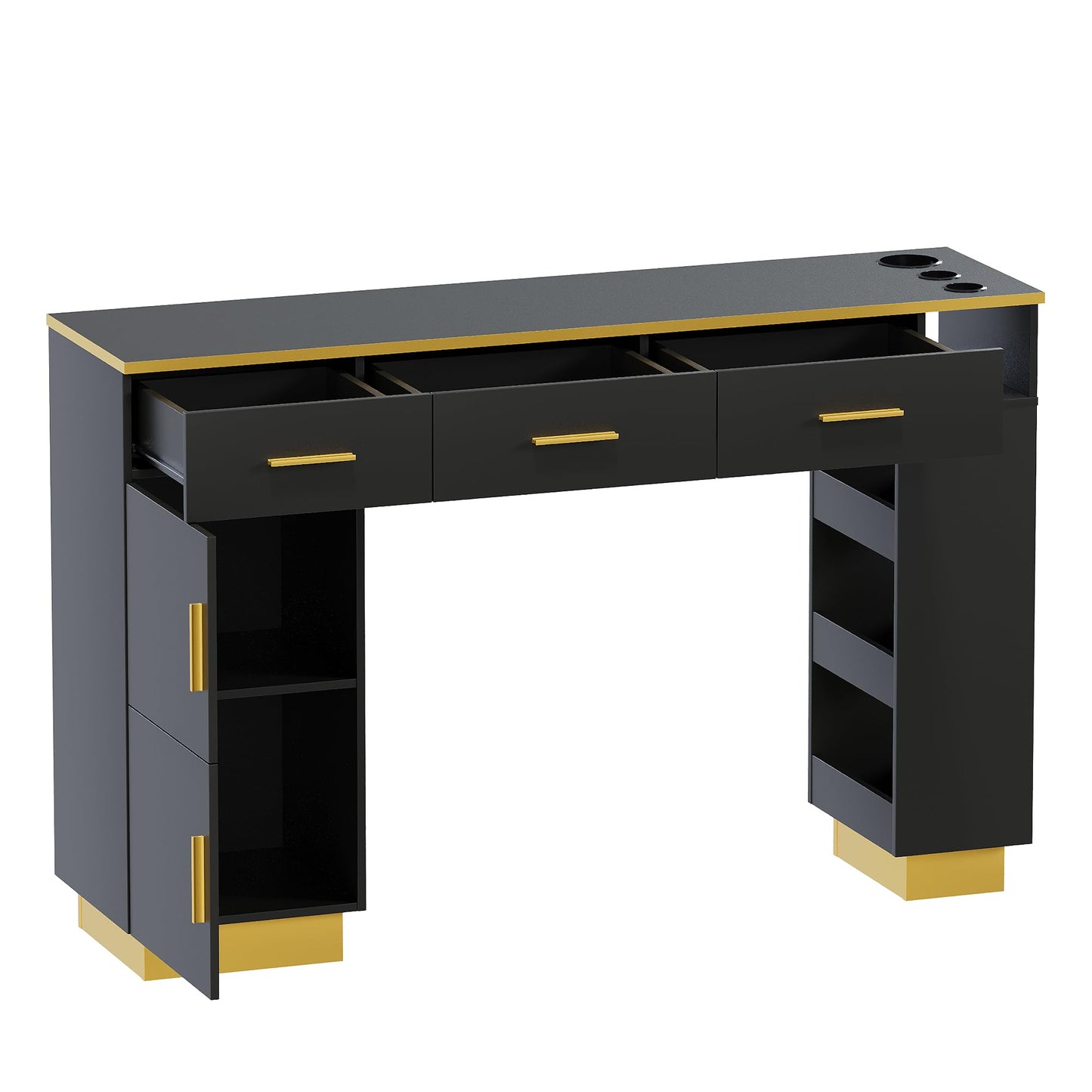 Oakvera Salon Station for Hair Stylist, Freestanding Barber Desk with 2 Cabinets, 3 Drawers & Open Storage Shelves, Hair Salon Furniture for Salon, Spa & Beauty, Black
