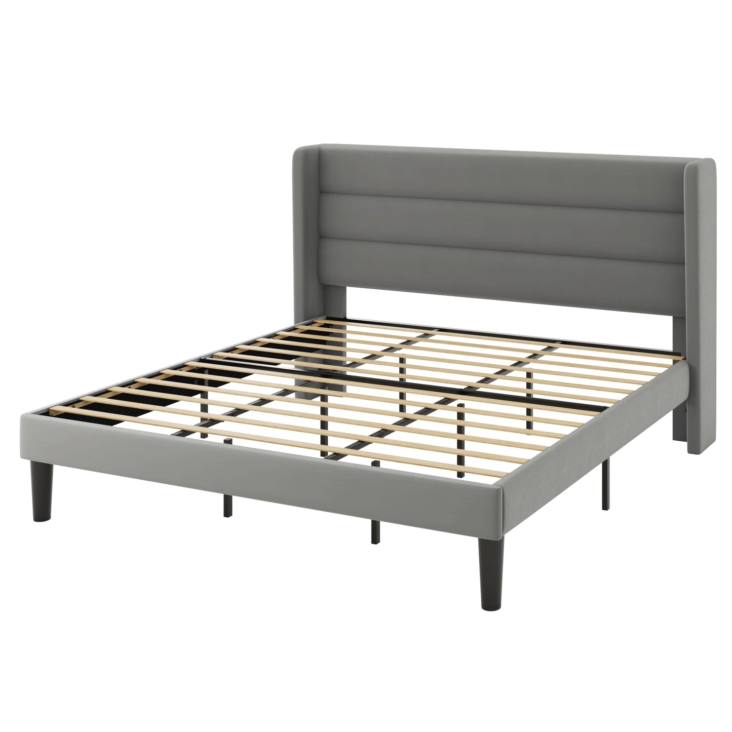 Allewie King Size Platform Bed Frame with Velvet Upholstered Wingback Headboard, No Box Spring Needed, Under Bed Storage Space, Strong Wooden Slats, Modern Mattress Foundation, Easy Assembly, Grey