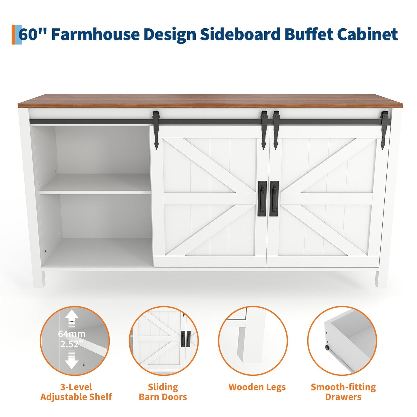 IDEALHOUSE 60" Farmhouse Sideboard Buffet with Storage Drawer & Sliding Barn Doors | Rustic Wood Coffee Bar Cabinet | Multi-Functional for Dining Room Kitchen, As TV Stand & Console Table