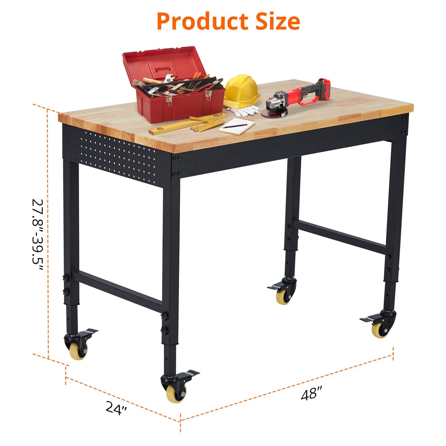 ACONEE 48" Adjustable Height Rubber Wood Workbench, Heavy Duty 2000 LBS Load Capacity, Varnished Finish, Wooden Color, with Power Outlets and Rolling Casters