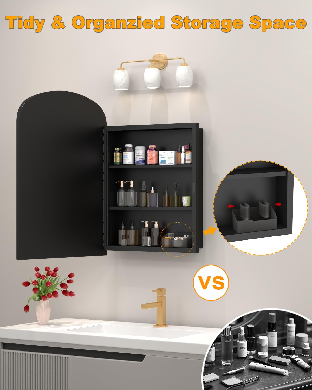 20"x28" Black Medicine Cabinet for Bathroom, Surface Mount or Recessed Medicine Cabinets with Storage and Arched Mirror , All-Metal Daisy Decor Frame, Includes 2 Adjustable Shelves and 1 Organizer