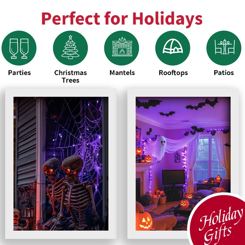 LAMPHOME Purple Halloween Lights, 50 LED Mini String, 18Ft, Battery Operated, Waterproof, 2PK, 8 Modes, Timer