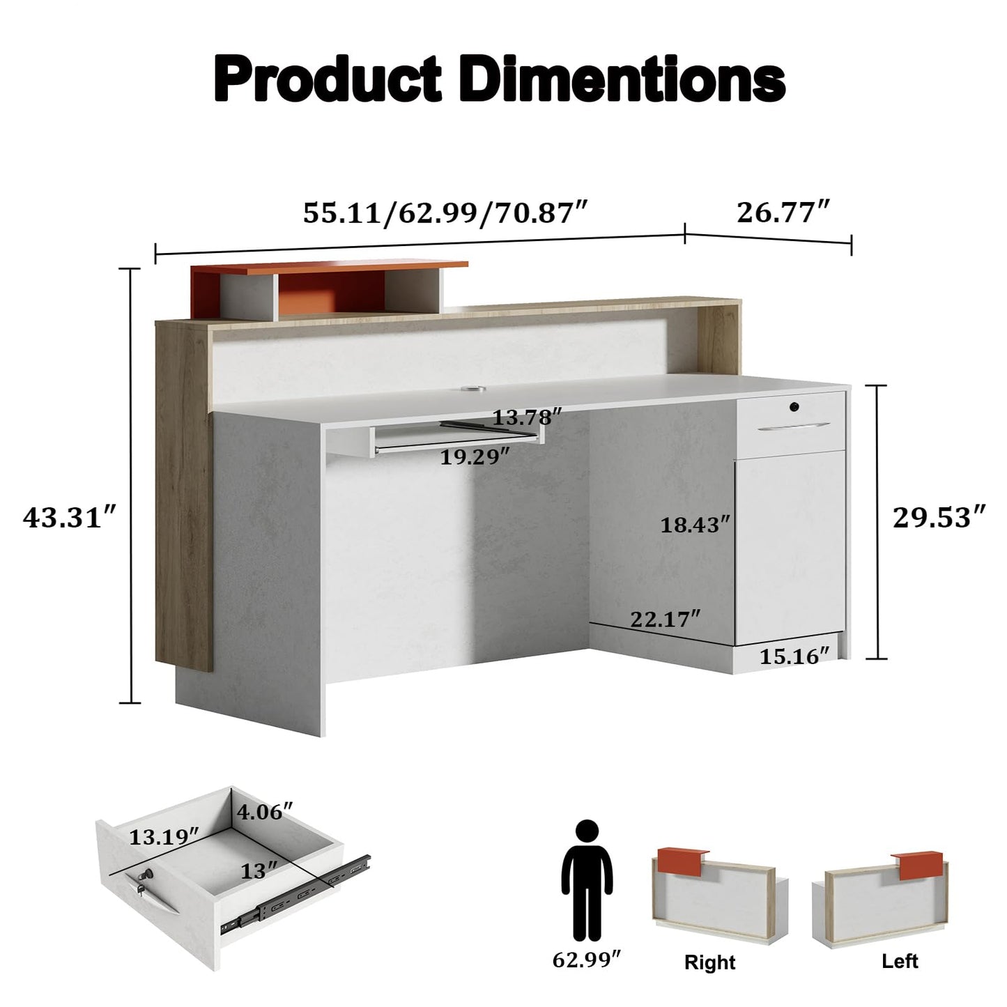 Modern Reception Desk with Counter & LED Lighting, Small Front Desk with Locking Drawer, Keyboard Tray & Cable Grommets, White Stone & Wood for Salon, Boutique, Retail Store & Office (55 in, Left)