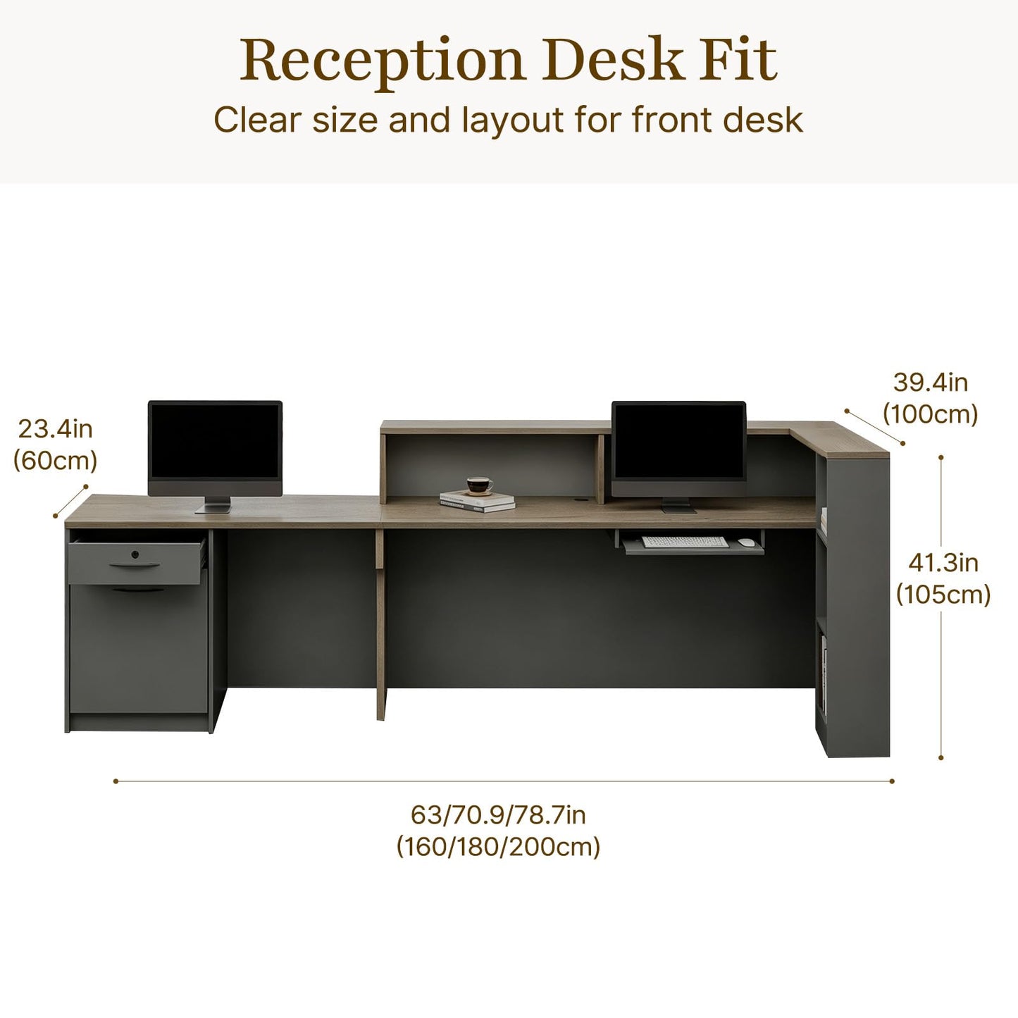Nuipesn 79" Modern L-Shaped Reception Desk, Front Desk Counter with Drawer, Keyboard Tray and Storage Shelves, Right Layout, Tobacco Wood and Iron Gray